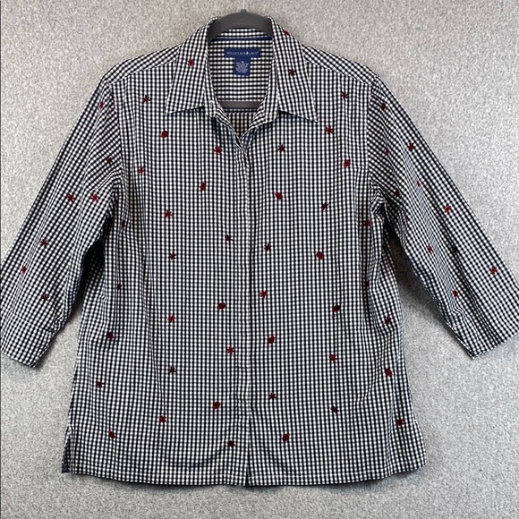 Mountain Lake gingham button down/up M ladybug & flower embroidery 3/4 sleeve - Picture 1 of 10
